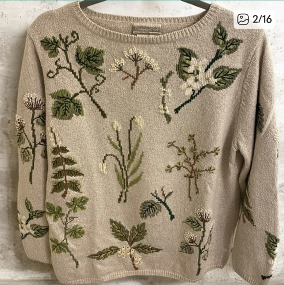 Coldwater Creek Linen Blend Embroidered Plants Leaves Beige Sweater Large - Picture 2 of 7